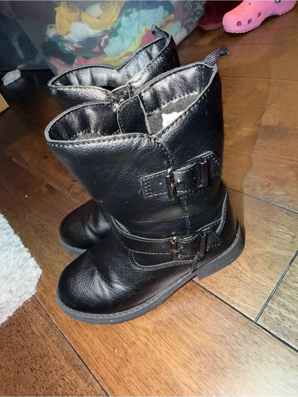 Black Buckle Mid-Calf Leather Boots